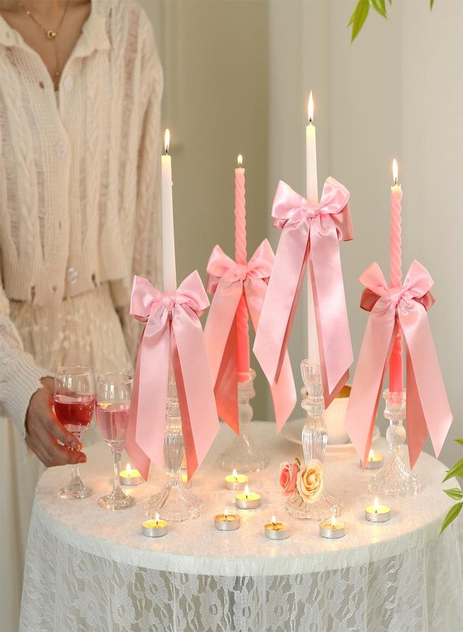FineCheer 12 Pcs Pink Valentines Candlestick Bows Decor Double-layer Satin Ribbon Bow for Candle 7.9'' Pre-tied Bowknot with Ties for Wedding Coquette Bridal Shower Pink Party Decor Table Centerpieces - Image 2